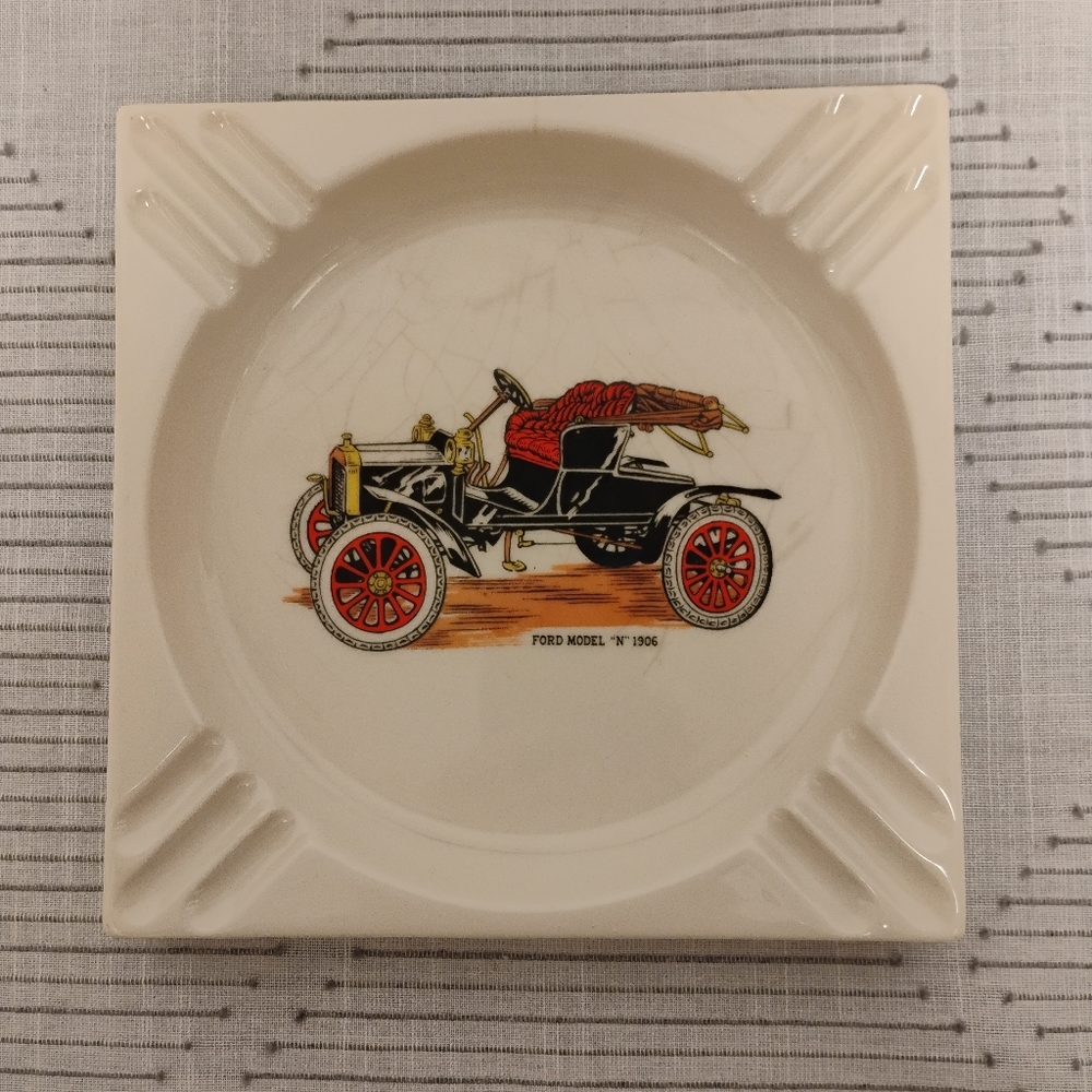 Vintage Classic 1906 Ford Model N Illustration Ceramic Ashtray Square Cream
